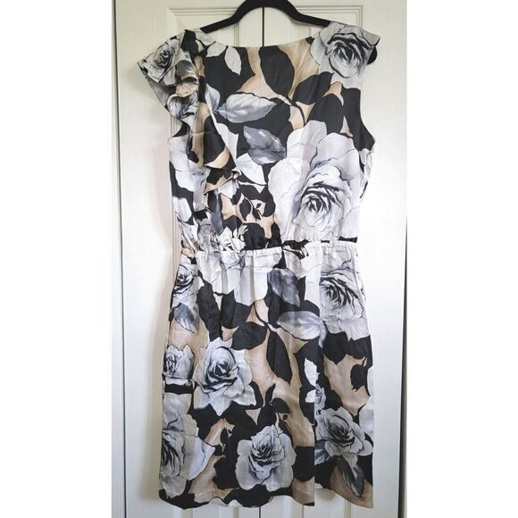 White House Black‎ Market 10 Silk Rose-Print Sheath Dress Size 10 Lined Gold/Blk - Picture 2 of 6